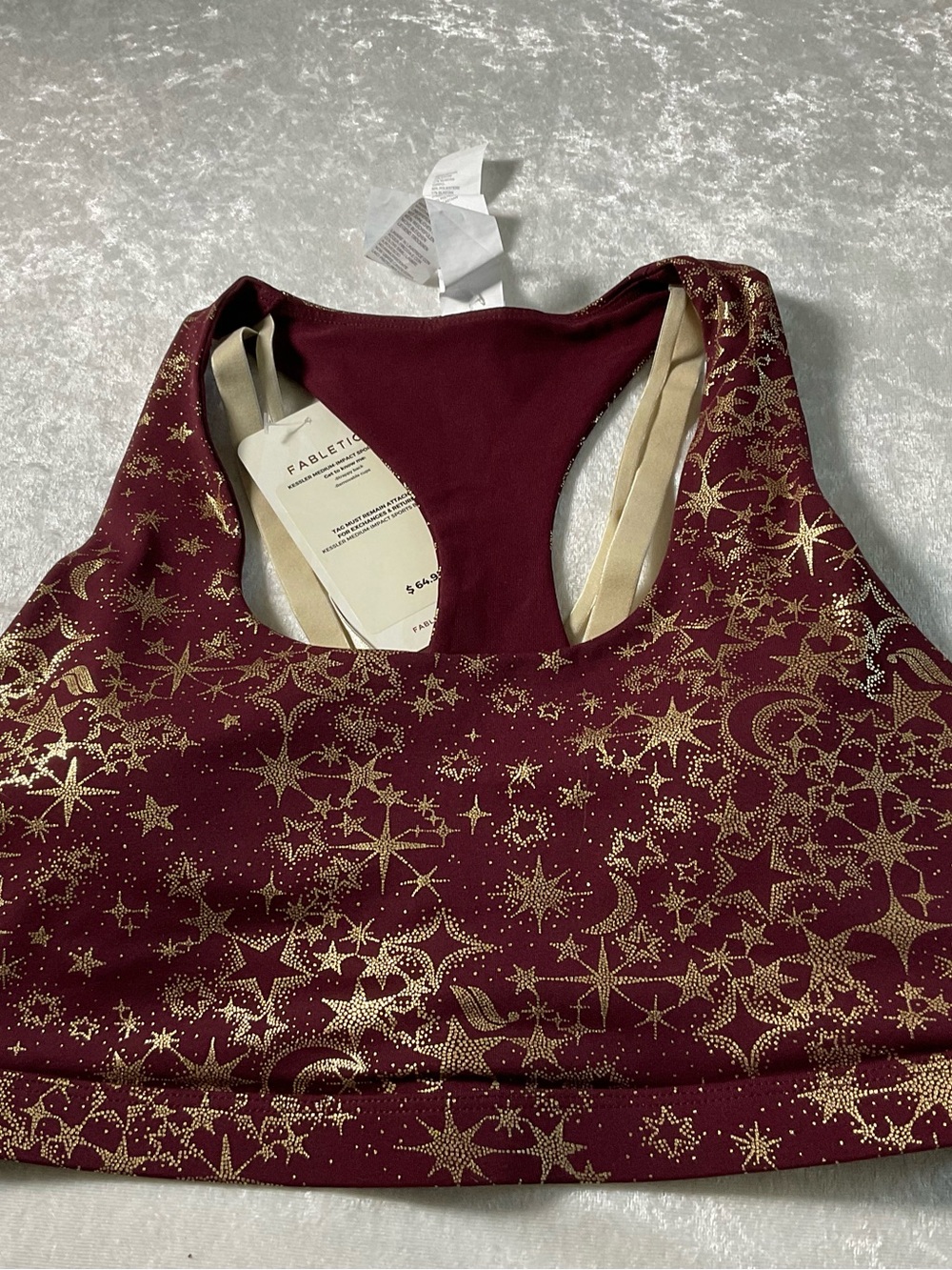 Fabletics Burgundy Sports Bra with Metallic Gold Celestial Print